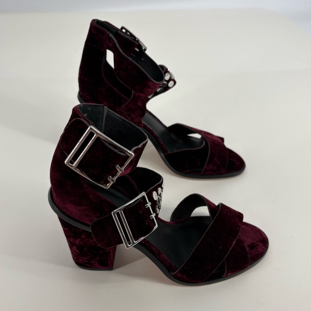 Rebecca Minkoff Jennifer Merlot Velvet Strappy Studded Heels - Picture 9 of 9